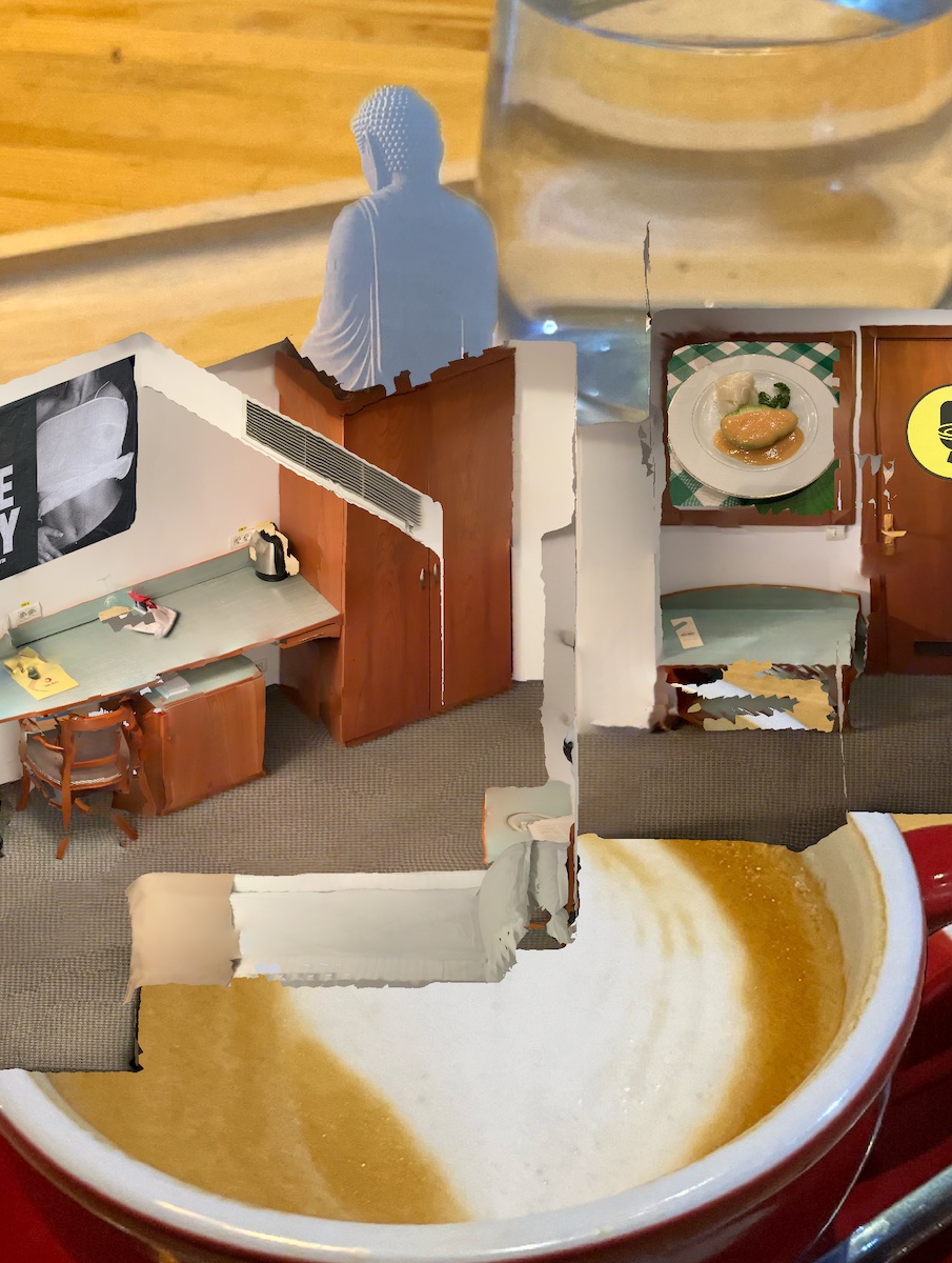 collage with 3d scan of a hotel room overlaid on coffee photo