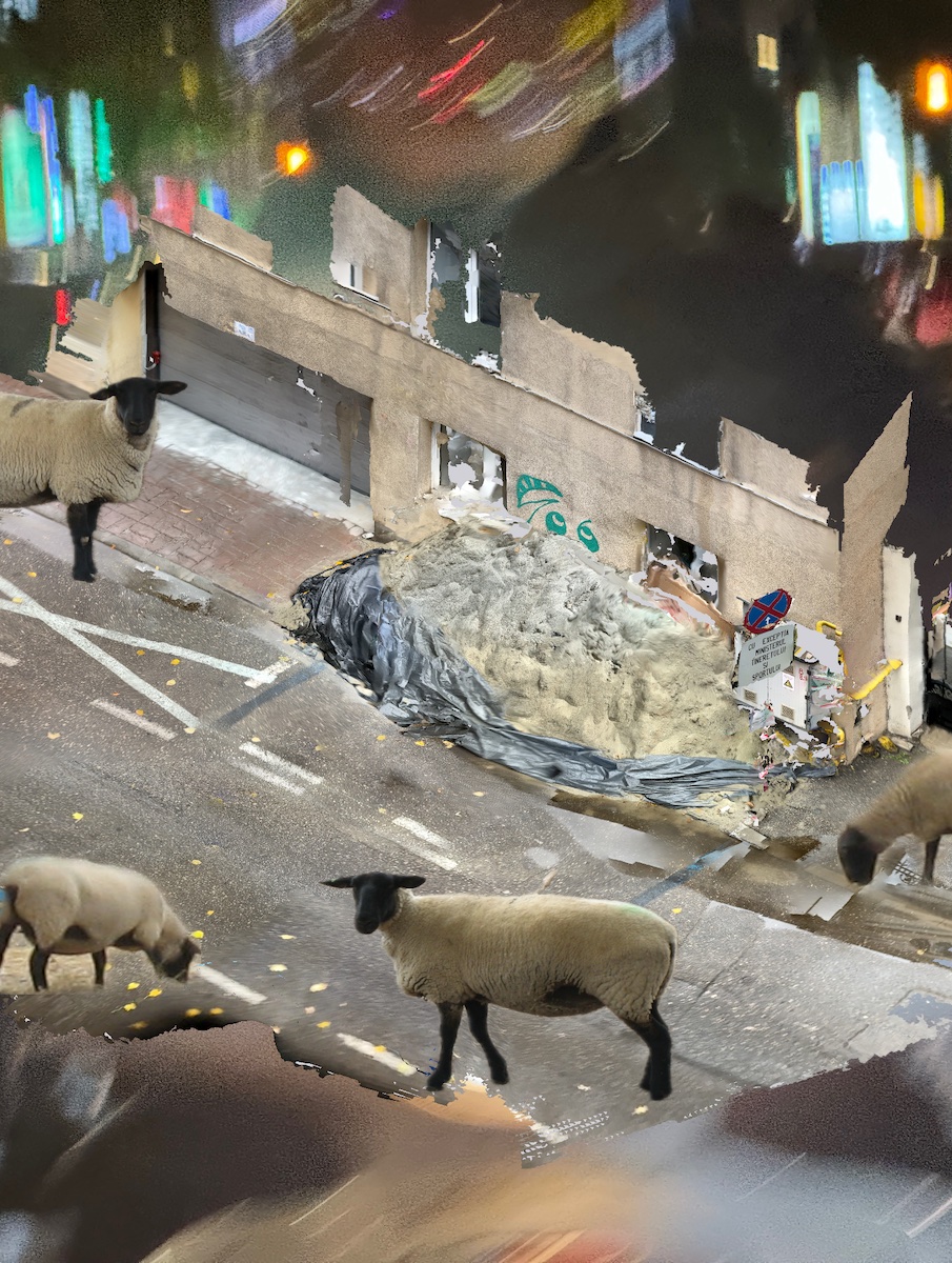 collage of 3d scanned road with sheep